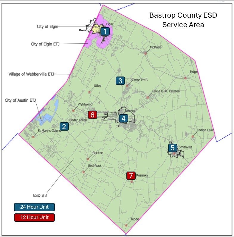 Map of Bastrop County ESD service area, showing units with numbers and color codes for 24-hour (blue) & 12-hour (red) units.