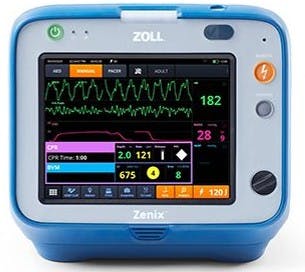 The image shows a Zoll medical device, likely a monitor/defibrillator, displaying vital signs and CPR feedback data.