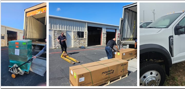 The image shows a delivery scene with packages being unloaded from a truck, a warehouse in the background, and a white vehicle.