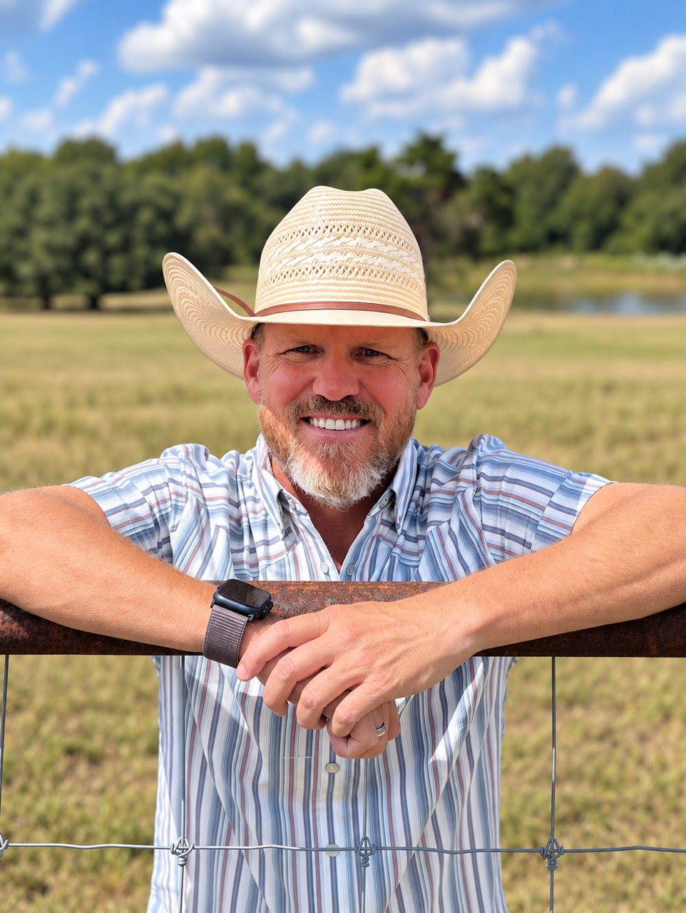 A smiling man in a cowboy hat leans on a fence, set against a sunny, rural landscape with trees and a pond.