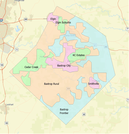 A map showing regions: Elgin, Elgin Suburbs, Cedar Creek, Bastrop City, KC Estates, Smithville, Bastrop Rural, Bastrop Frontier.