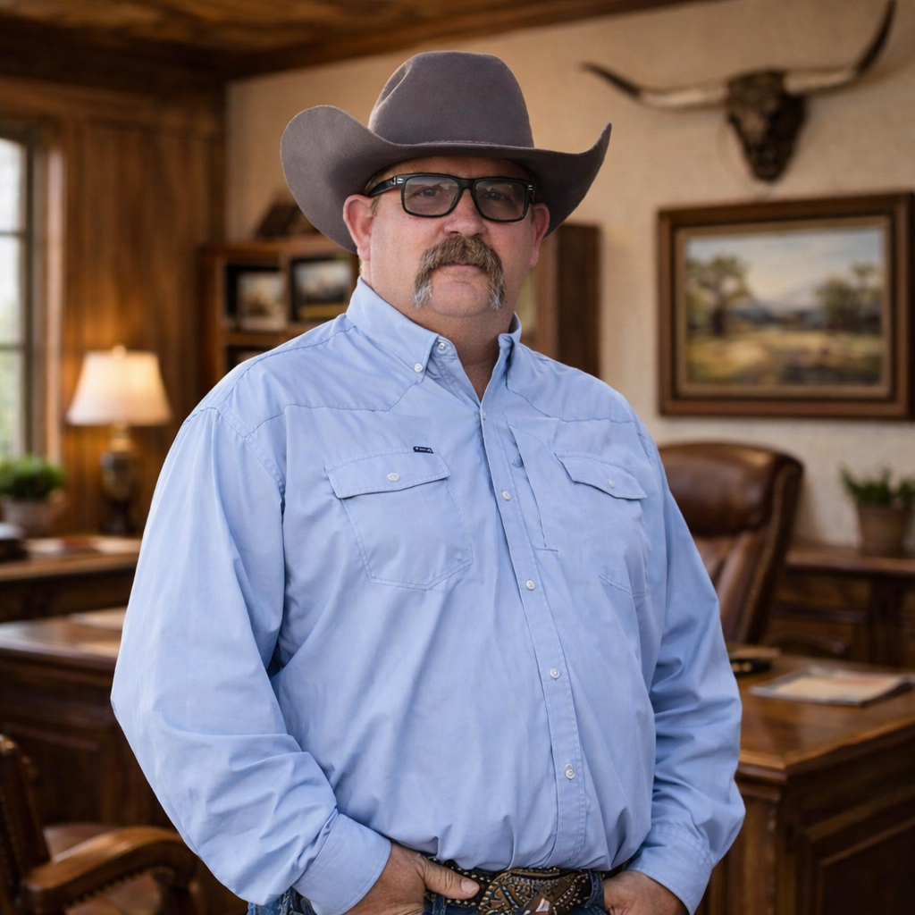 A man wearing a light blue shirt and a large cowboy hat stands in an office with rustic decor and a leather chair.