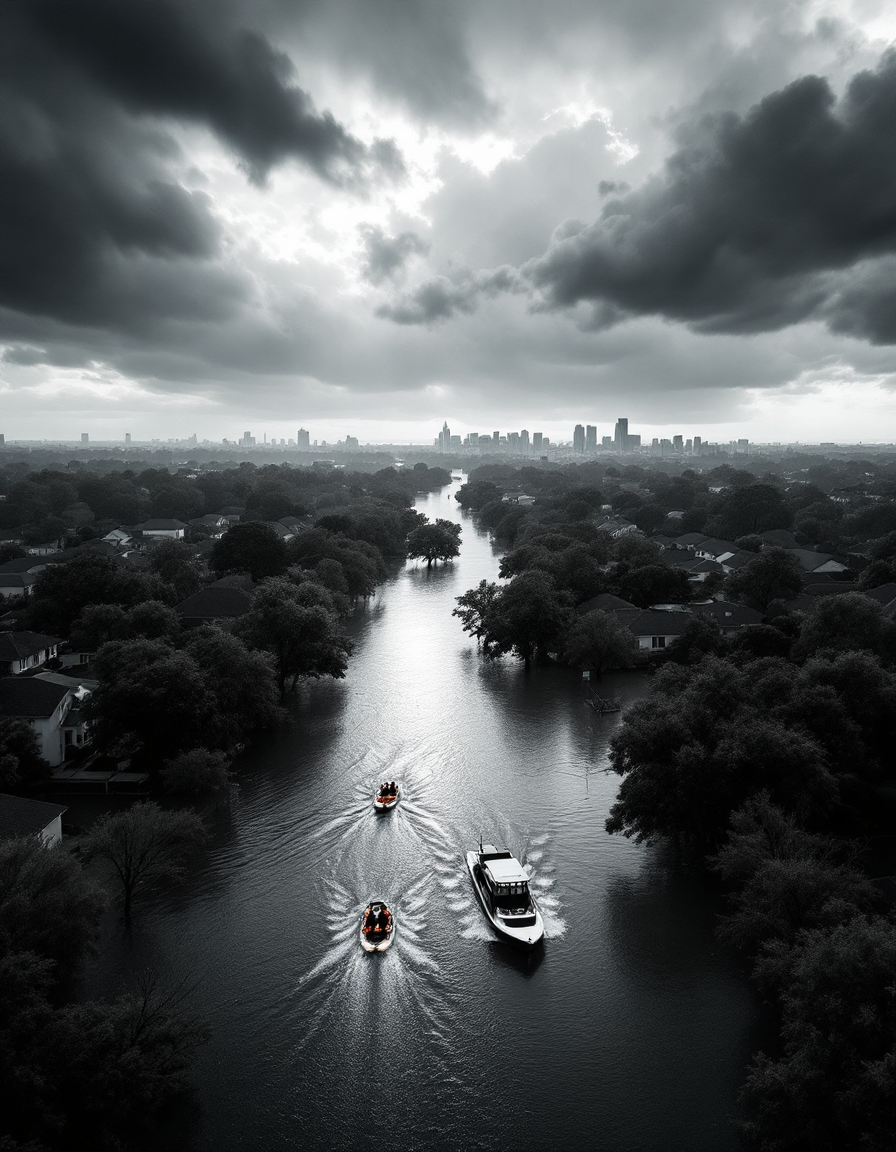 Flooded area with rescue boats navigating through a submerged neighborhood under cloudy skies, city skyline in the background.
