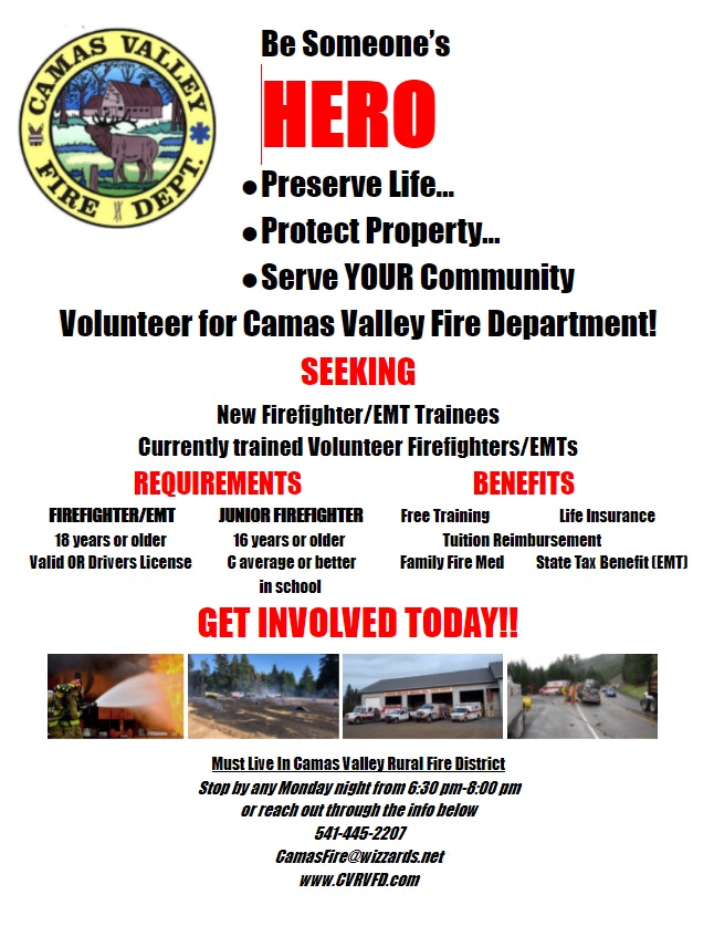 Volunteer for Camas Valley Fire Department! Seeking new and trained Firefighter/EMT trainees. Benefits include free training and more.