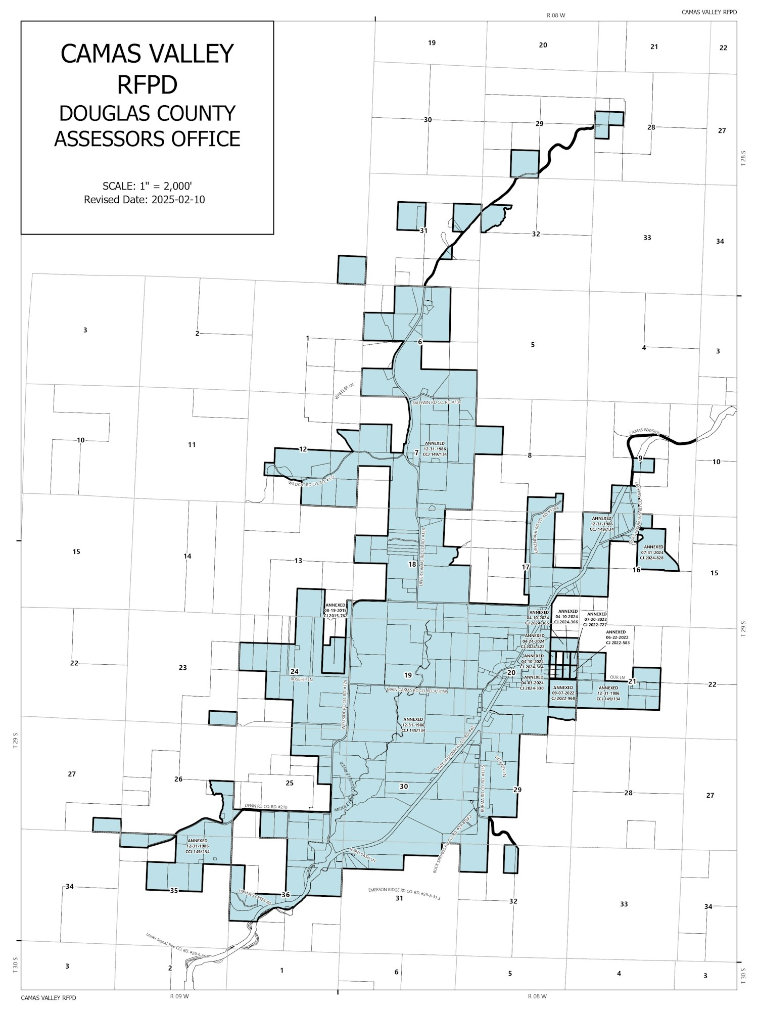 Map of Camas Valley RFPD, Douglas County with highlighted areas and grid sections, revised 2025-02-10.