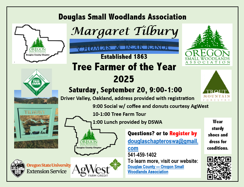 Tree Farmer of the Year event for Margaret Tilbury on September 20. Includes social, farm tour, and lunch. Contact info provided for details.