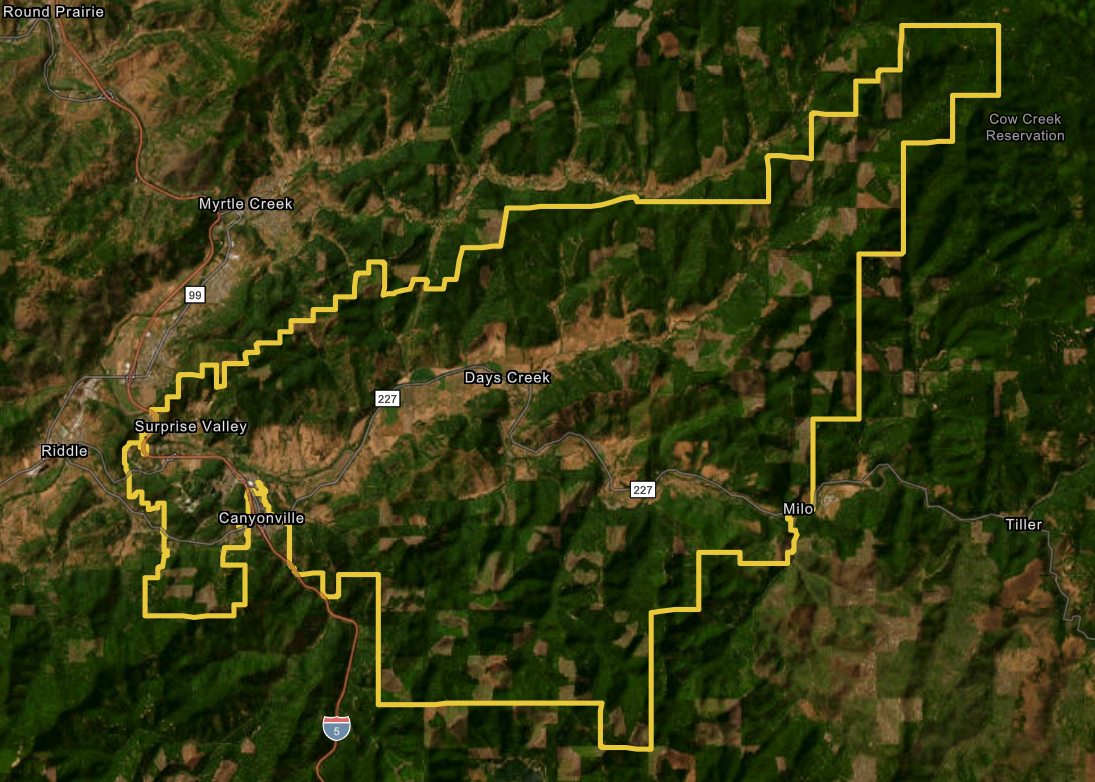 A satellite map showing terrain with marked boundaries, roads, and place names like Myrtle Creek, Canyonville.