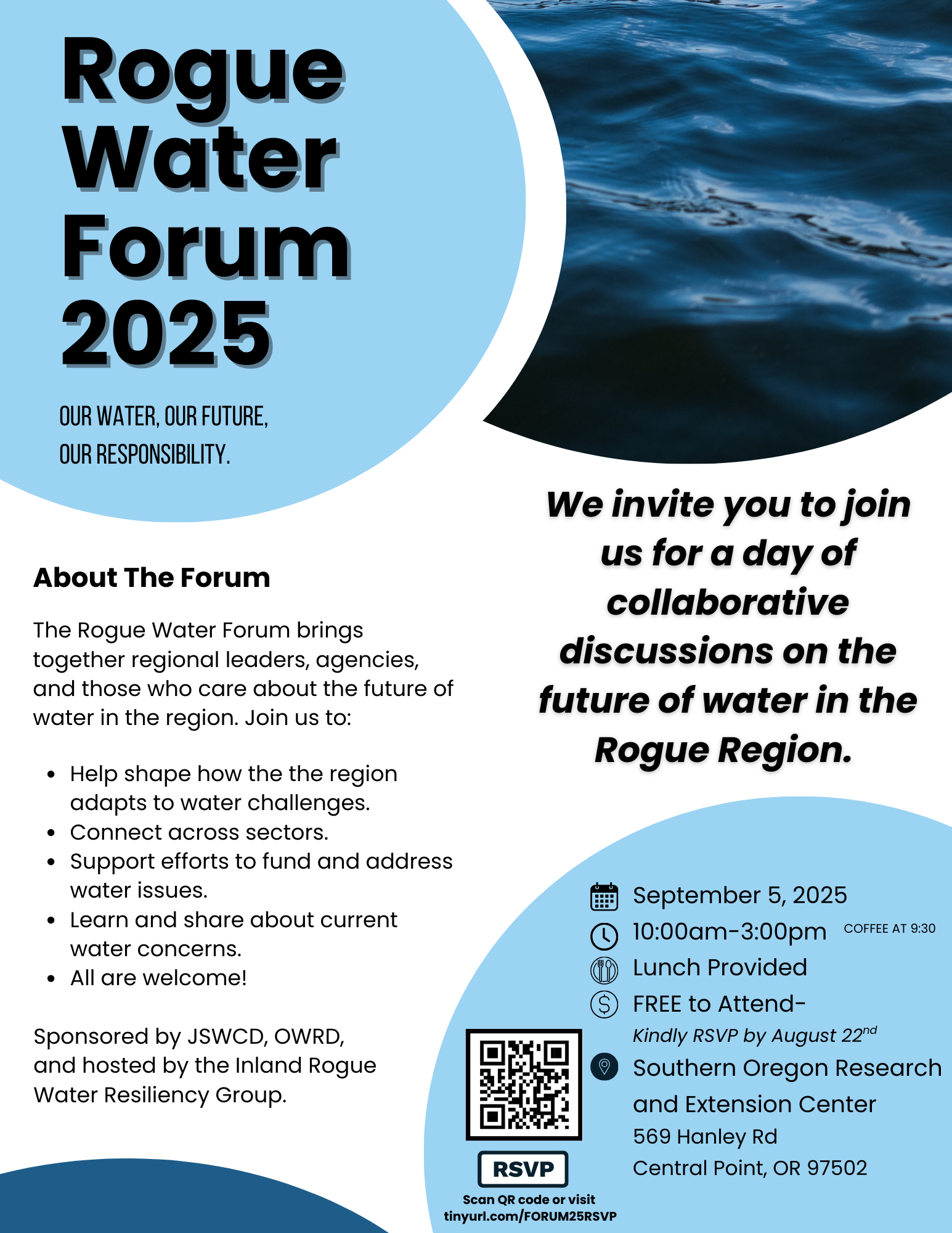 Rogue Water Forum 2025 invites discussions on future water challenges and solutions. September 5, 2025, 10am-3pm, Central Point, OR.