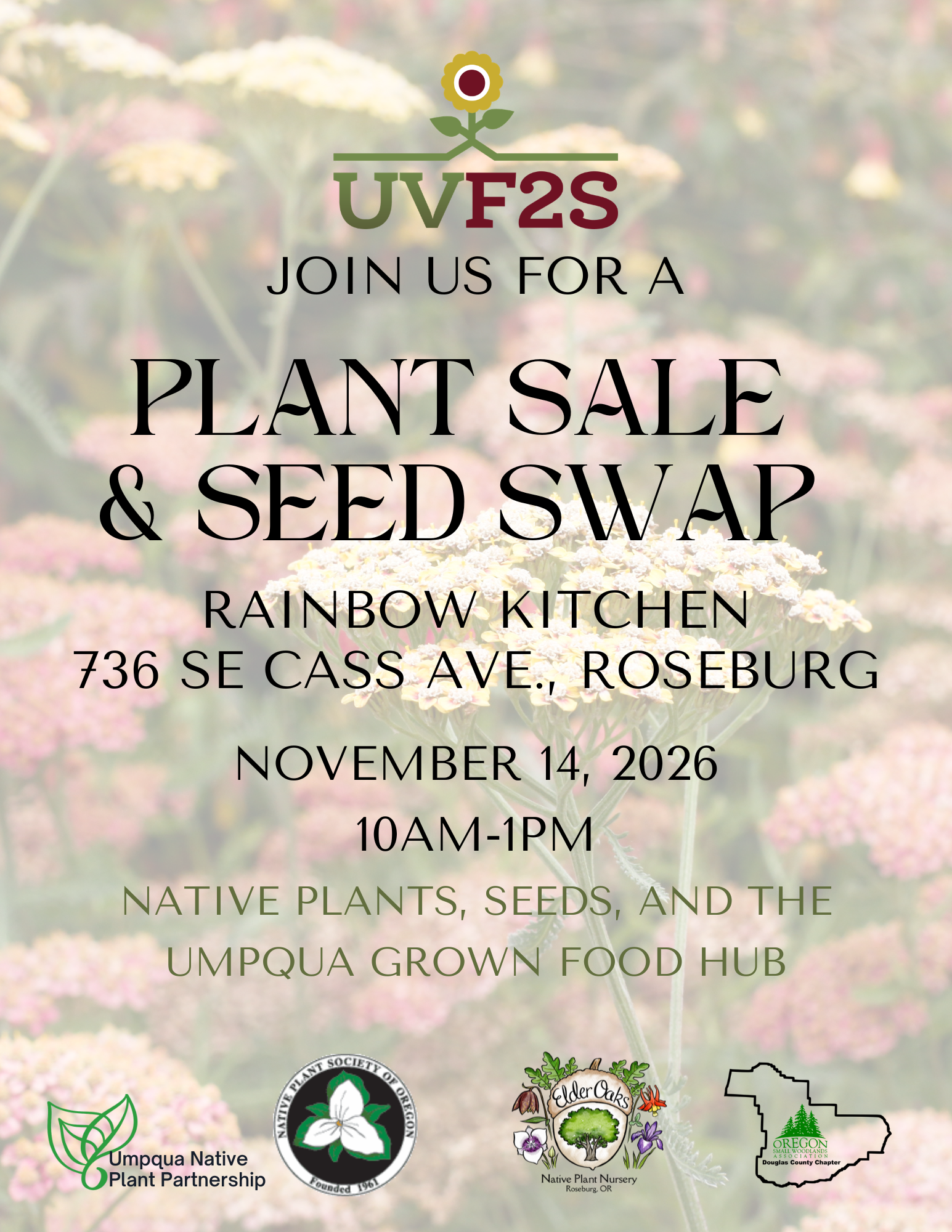 Event announcement for a Plant Sale & Seed Swap at Rainbow Kitchen, Roseburg on November 14, 2026, from 10 AM to 1 PM.