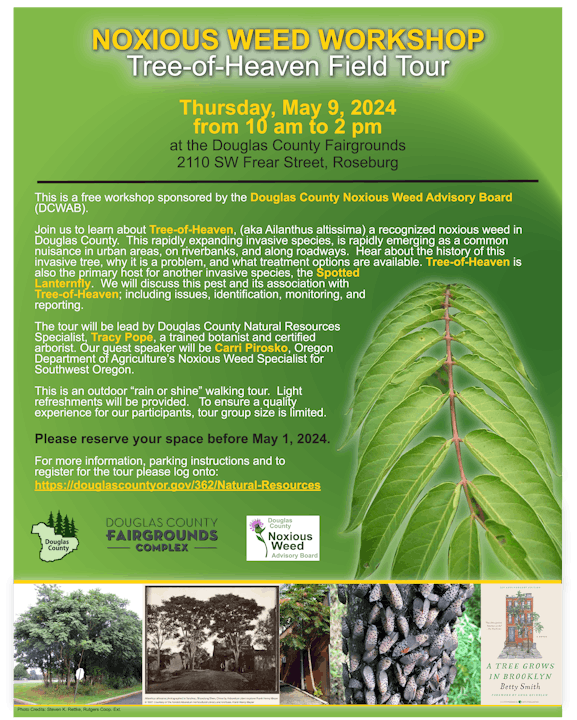 Poster for a noxious weed workshop on Tree-of-Heaven, scheduled for May 9, 2024, at Douglas County Fairgrounds.