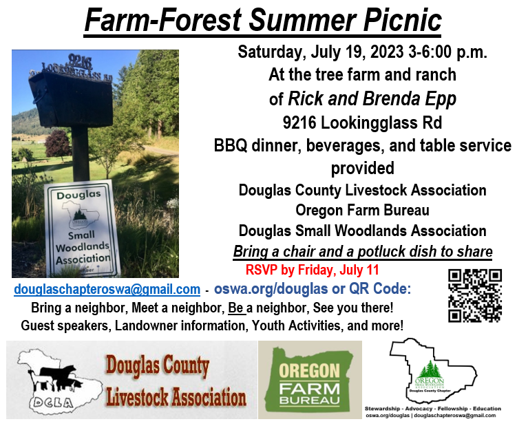 Farm-Forest Summer Picnic on July 19, 2023, 3-6 p.m. BBQ, activities. RSVP by July 11. Bring a dish and chair. Details at oswa.org/douglas.