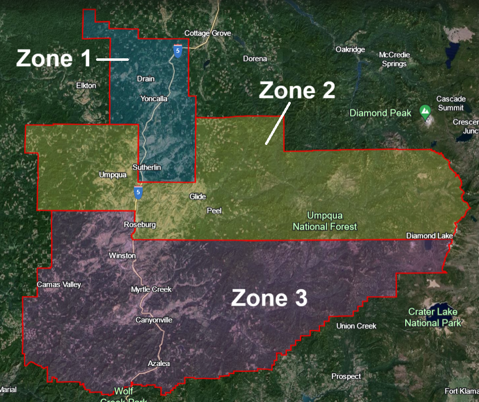A map divided into three zones with notable locations like Roseburg, Diamond Lake, and Crater Lake National Park labeled.