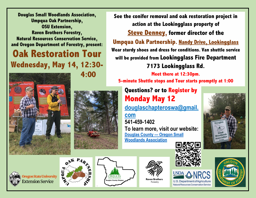 Oak Restoration Tour on May 14, 12:30-4:00 PM at Steve Denney's property. Register by May 12. Email: douglaschapteroswa@gmail.com.