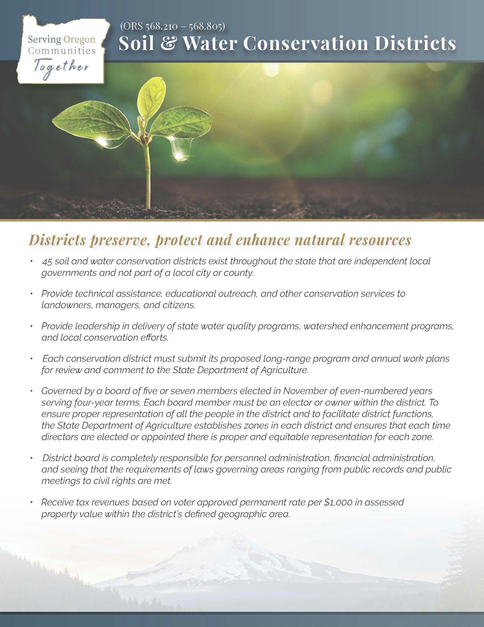 An informational leaflet on Soil & Water Conservation Districts in Oregon, highlighting their purpose, governance, and funding.