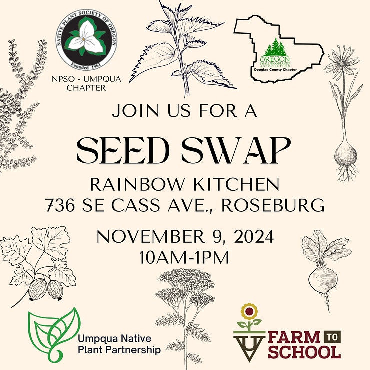 An event poster for a Seed Swap on November 9, 2024, at Rainbow Kitchen with botanical illustrations.
