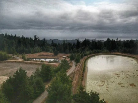Aerial view of a partially dried water body with surrounding trees under a cloudy sky.