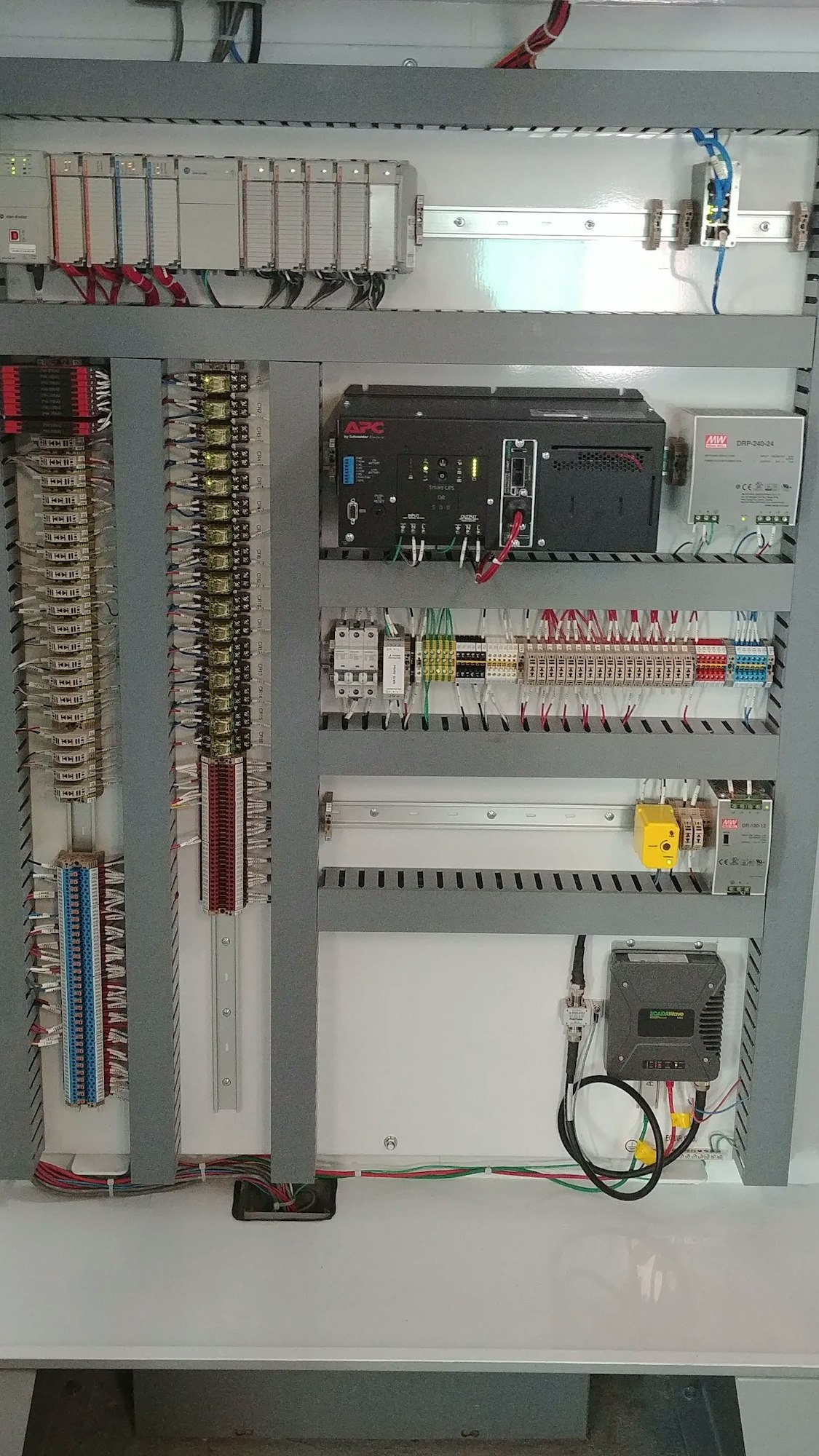 An industrial electrical control panel with various components like terminals, relays, and a UPS.
