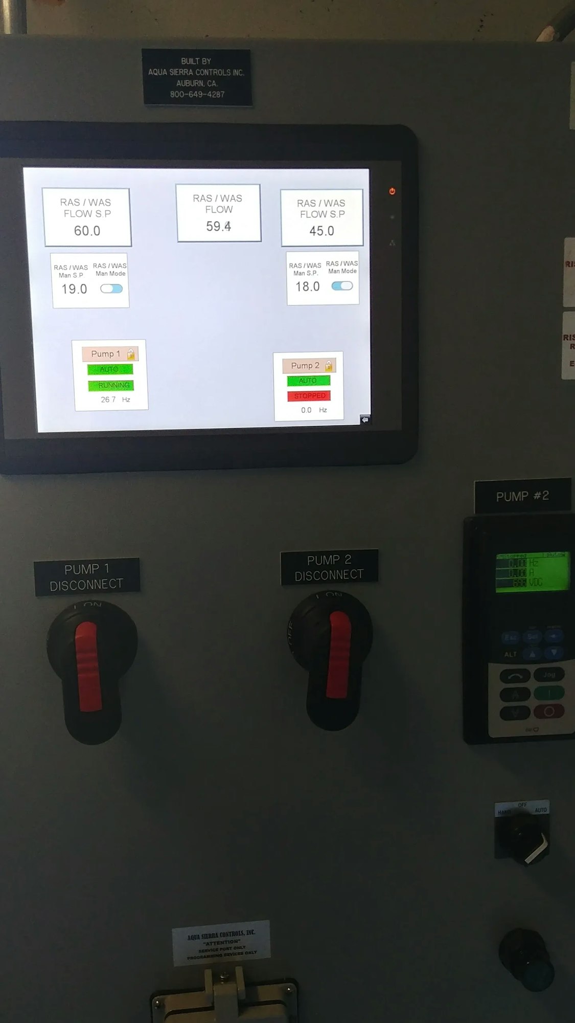 A control panel with a digital display showing pump status and flow rates, with switches and warning labels.