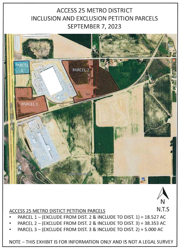 Map of Access 25 Metro District showing parcels for inclusion/exclusion petitions, with areas labeled and detailed in acres.