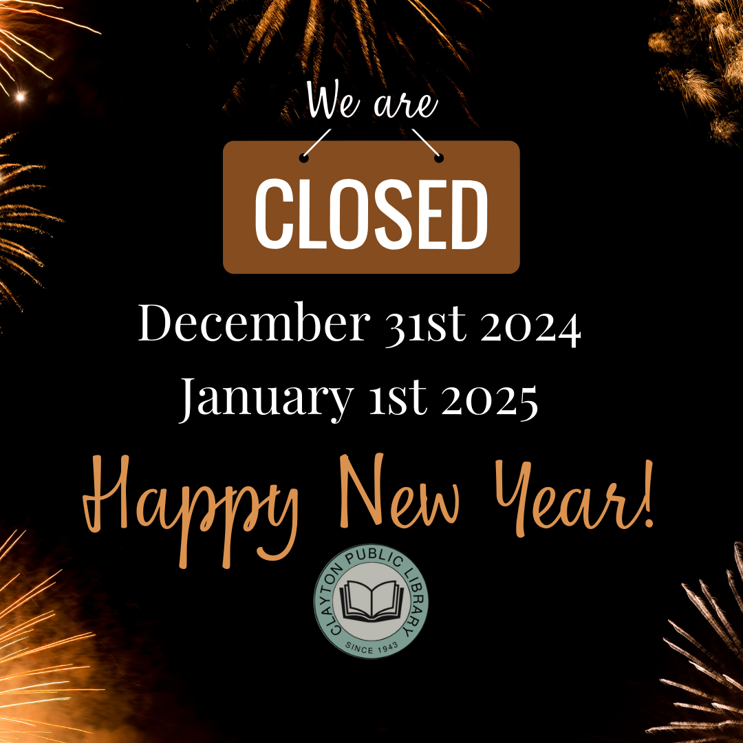 An announcement that a library is closed on December 31st, 2024, and January 1st, 2025, with a Happy New Year wish and fireworks.