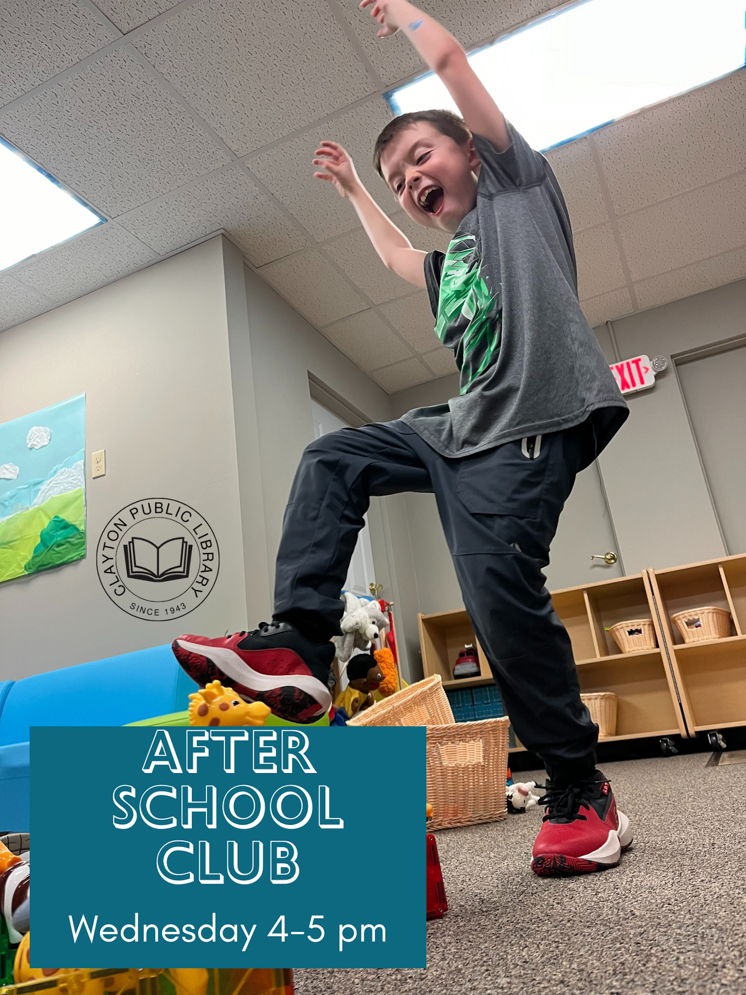 A child joyfully jumps inside a room with toys, promoting the "After School Club" at Clayton Public Library, Wednesday 4-5 pm.