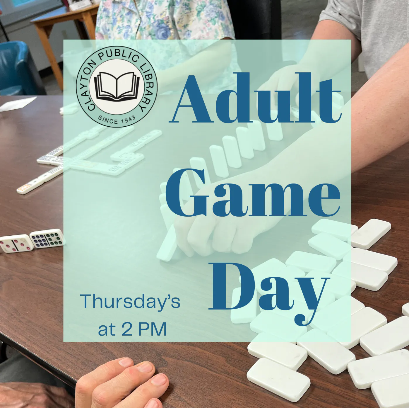 An advertisement for "Adult Game Day" at a public library with people playing a game, possibly dominoes, around a table.