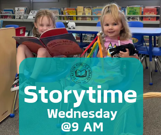 Two children in a library with a "Storytime Wednesday @9 AM" overlay.