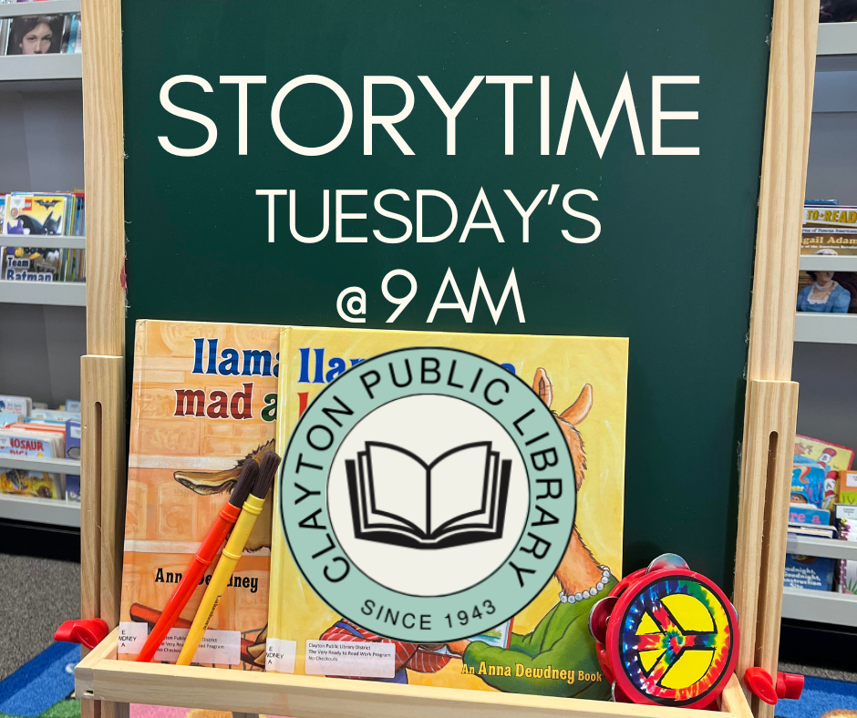 Library storytime announcement for Tuesdays at 9 AM with books and an easel.