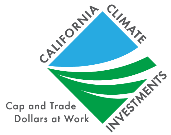 Logo with "California Climate Investments" and "Cap and Trade Dollars at Work" text, with blue and green shapes.