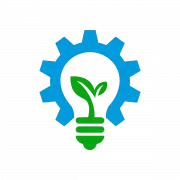 A light bulb with a green leaf inside is encircled by a blue gear.