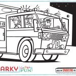 Fire truck with firefighters inside, night scene with stars. "Sparky Coloring Fun!" at the bottom.