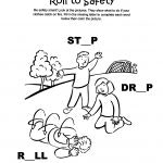 Children practicing "Stop, Drop, Roll" fire safety; words with missing letters for completion.