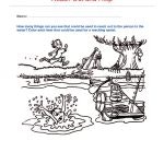 A person jumping into a pond with a robot, a net, a treehouse, and a slide nearby in a playful scene.