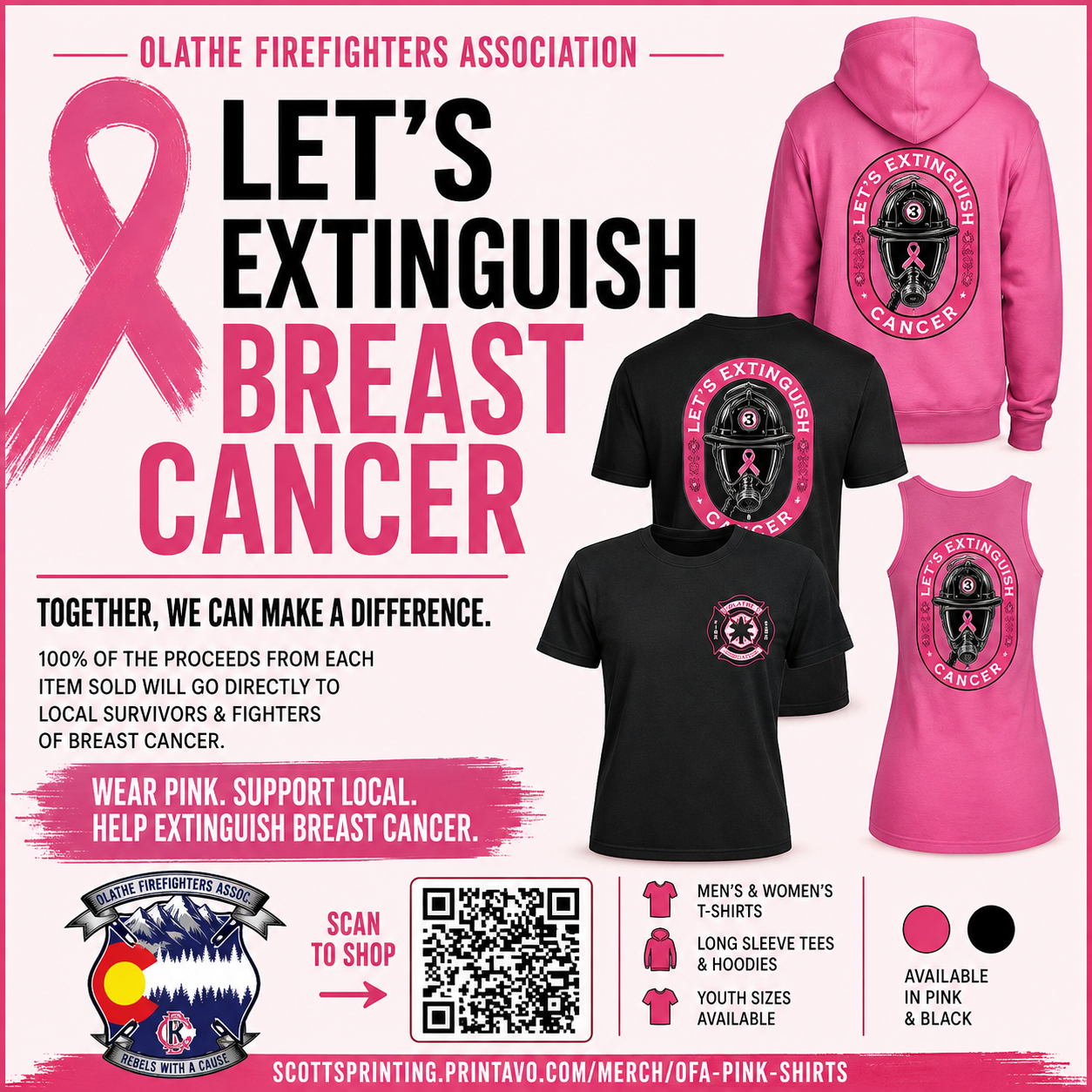 Promoting breast cancer awareness, the Olathe Firefighters Association sells pink apparel. Proceeds support local survivors and fighters.