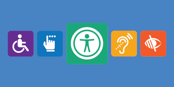 The image features symbols representing accessibility for various disabilities: mobility, tactile, hearing, and vision.
