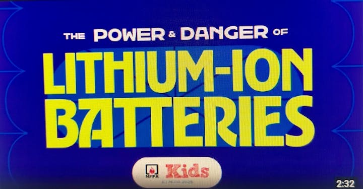 The image highlights "The Power & Danger of Lithium-Ion Batteries" with an NFPA Kids logo at the bottom.