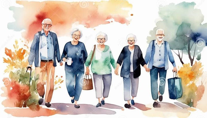 A watercolor of five elderly people walking, holding hands, with vibrant backgrounds.