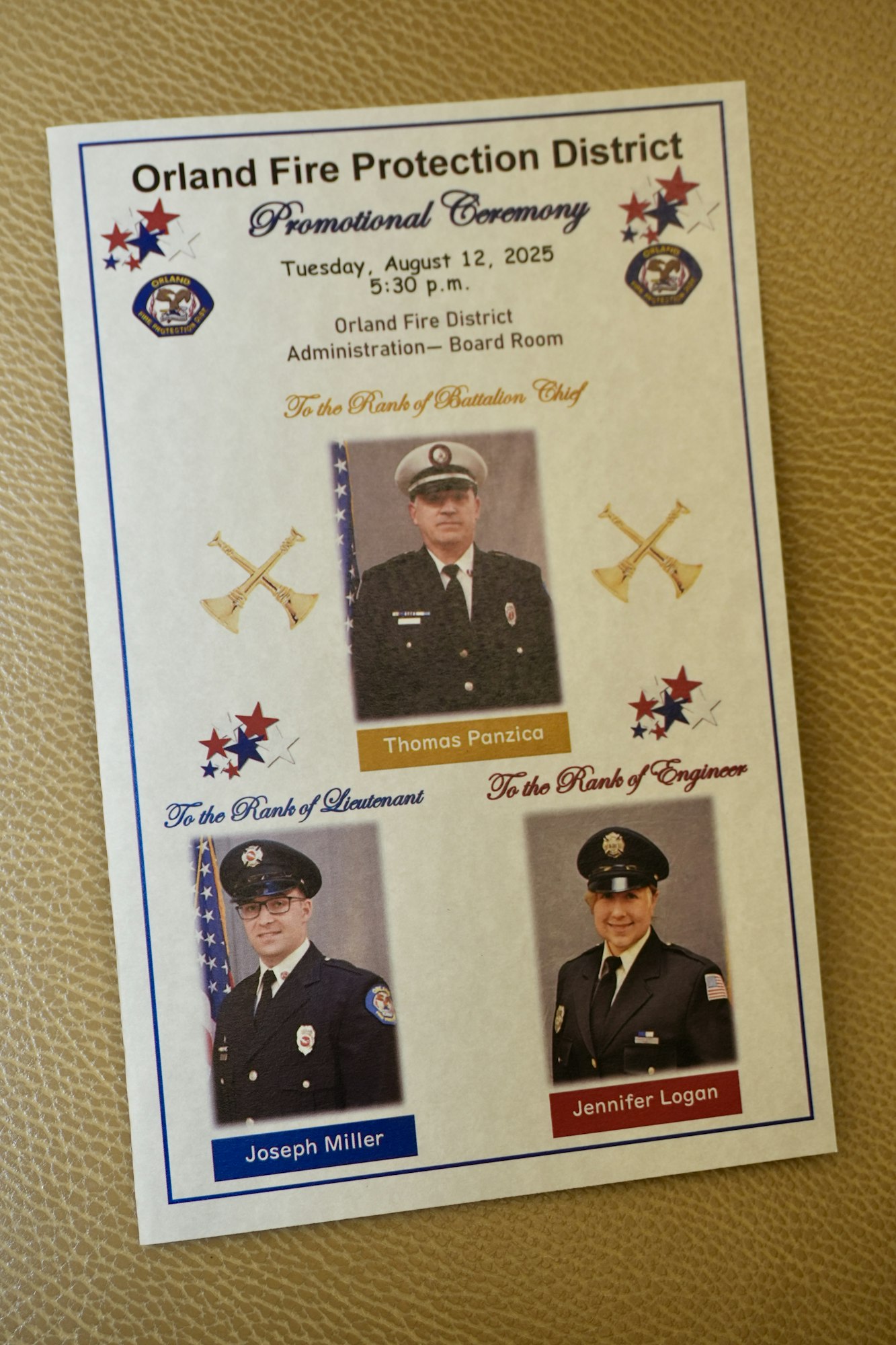 Orland Fire Protection District promotional ceremony flyer for Thomas Panzica, Joseph Miller, and Jennifer Logan.