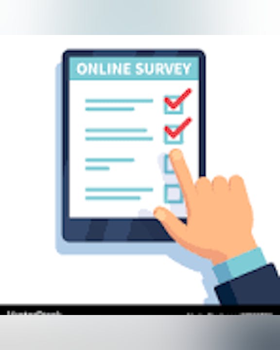 A hand selecting options on an online survey displayed on a tablet.