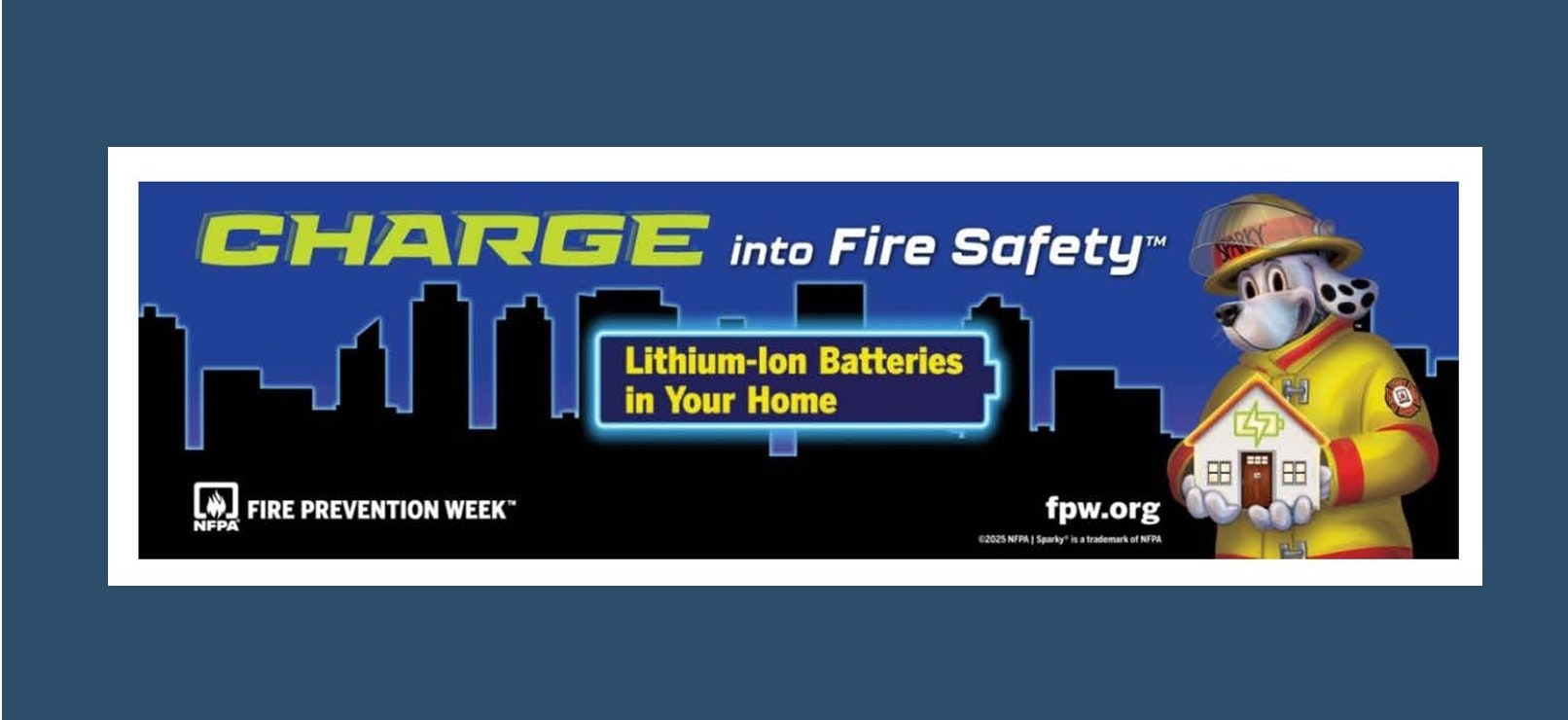 Fire safety poster about lithium-ion batteries with a city silhouette and a firefighter dog holding a house.