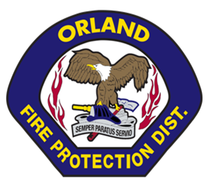 Orland Fire Protection District logo featuring an eagle, fire hat, and "Semper Paratus Servo" motto.