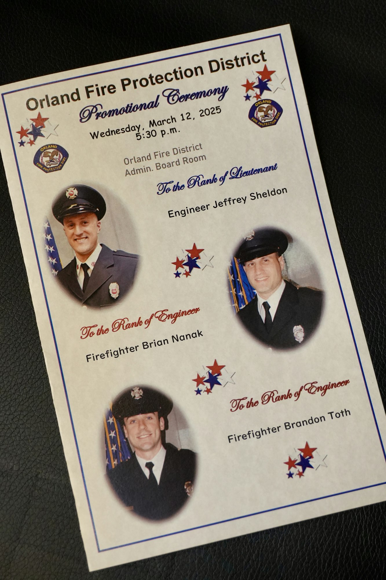 Orland Fire Protection District promotional ceremony invitation for March 12, 2025, promoting three firefighters.