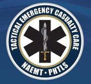 A logo with a star of life, a snake-entwined rod, and text "Tactical Emergency Casualty Care" indicating medical emergency services.