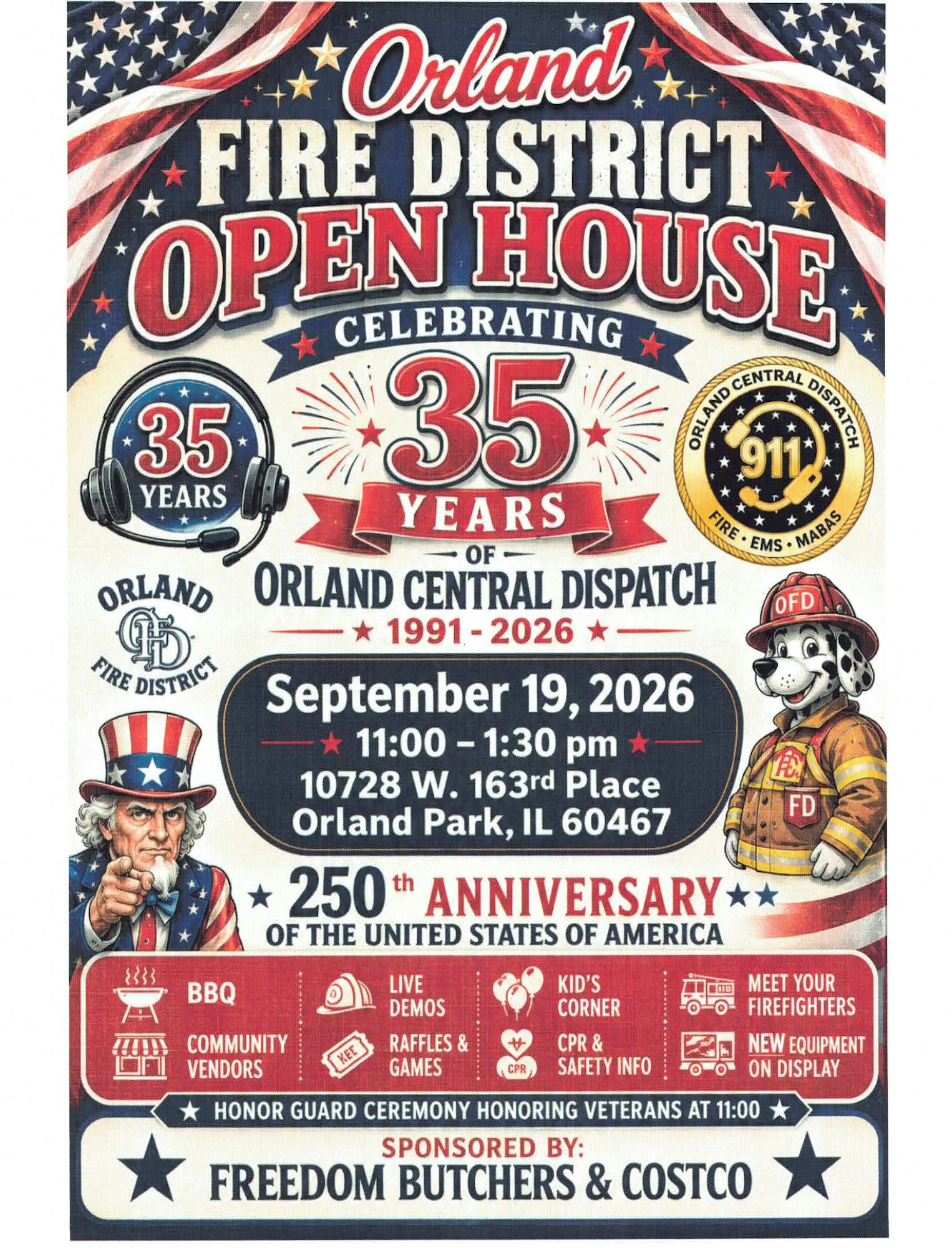The image is an advertisement for the Orland Fire District Open House on September 19, 2026, celebrating 35 years of service and featuring various activities.
