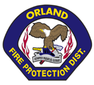 Patch of Orland Fire Protection District, showing an eagle, fire axes, and motto "Semper Paratus Servo" surrounded by flames.