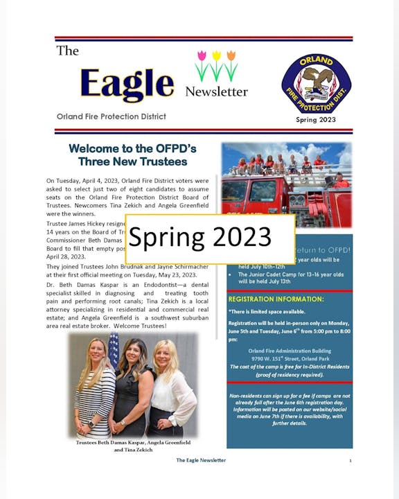 Newsletter page with headlines, photo of new trustees, and registration info for a fire cadet camp.