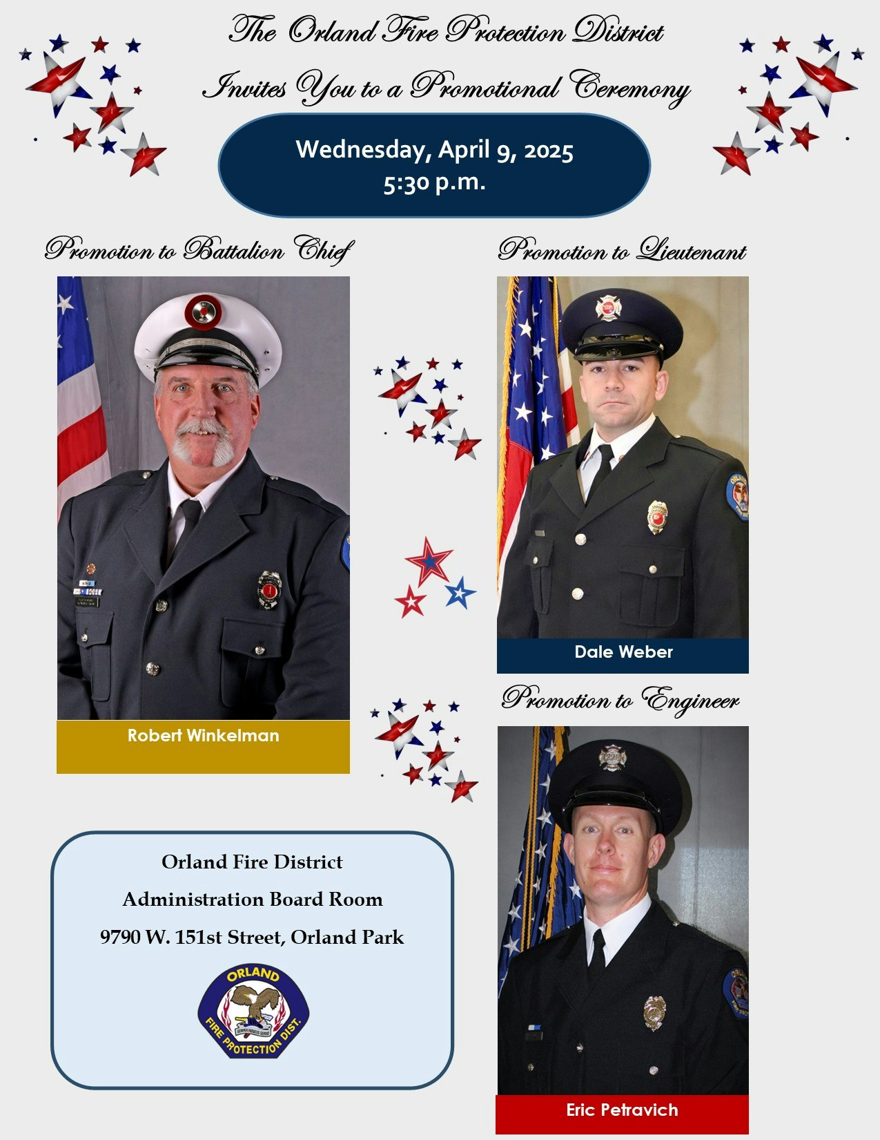Promotional ceremony invitation for Orland Fire Protection District on April 9, 2025, featuring three promotions.