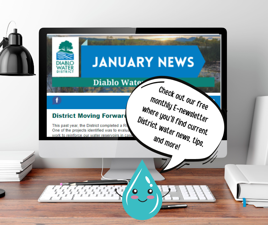 A computer screen showing a Diablo Water District newsletter with a speech bubble promoting their free e-newsletter.