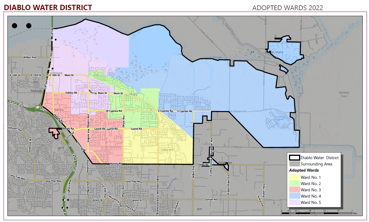 Map of Diablo Water District's adopted wards for 2022, highlighting five different colored areas.