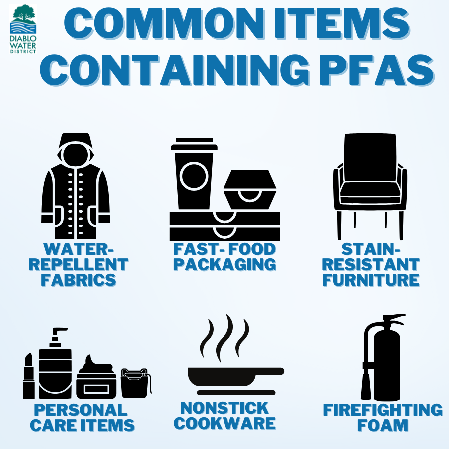 Common items with PFAS: water-repellent fabrics, fast-food packaging, stain-resistant furniture, personal care items, cookware, foam.